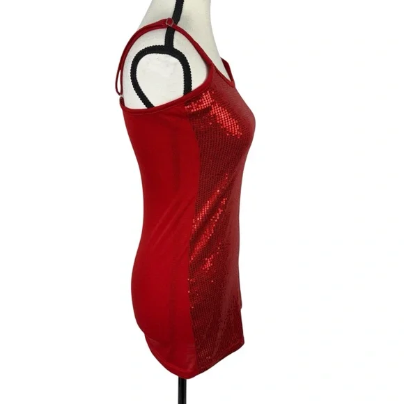 Womens Sequin Spaghetti Cami Top S Red Night Out Club Party Y2K Coquette Sparkle - Picture 3 of 9